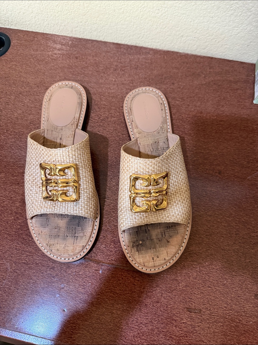 Givenchy Beige Woven Slide Sandals with Gold Emblem size 40